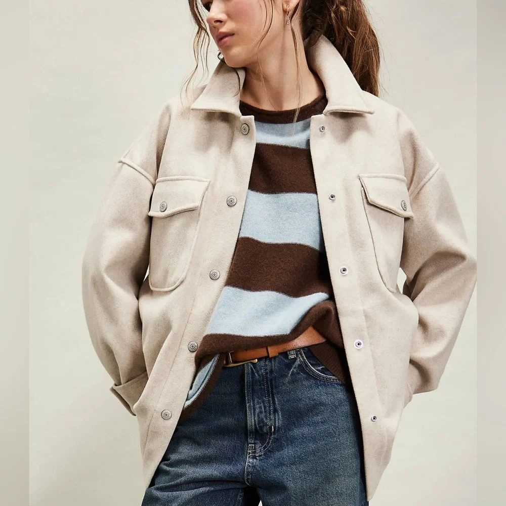 New! Free People Lola shirt jacket shacket cream tan nbnn - Picture 1 of 8